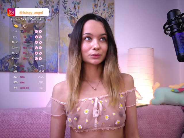 Fotod JuicyyAngel Hi I'm Angelina Lovense from 1st token, Special levels-333, 555, 777, 888. Random level (3-8)-66 tokens. Favorite vibration with domi - 22 tokens. Finger in the ass @remain